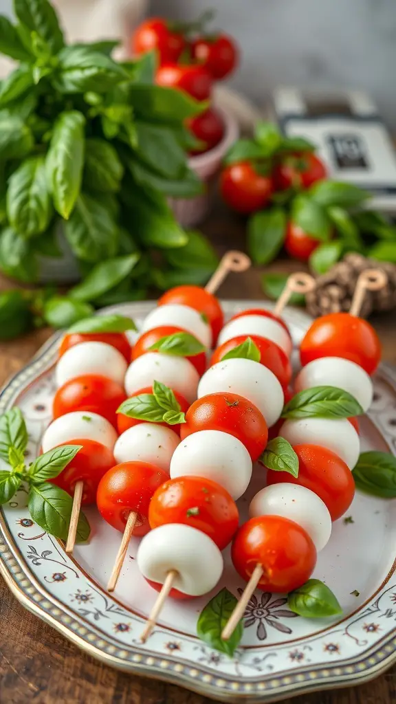 A plate of Caprese salad skewers with cherry tomatoes, mozzarella balls, and basil leaves