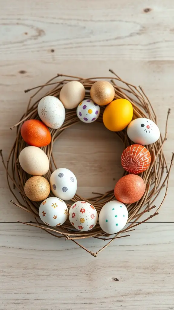 A spring wreath made of twigs and decorated with colorful eggs