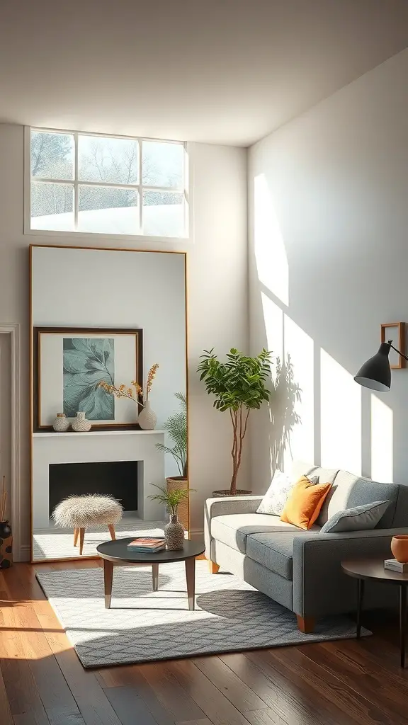 A bright living room featuring a large mirror that reflects light and creates an illusion of space.