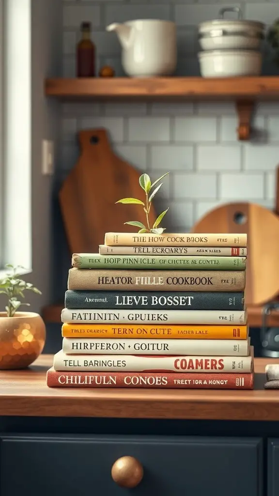 A stack of vintage cookbooks with a small plant on top, displayed on a kitchen countertop.