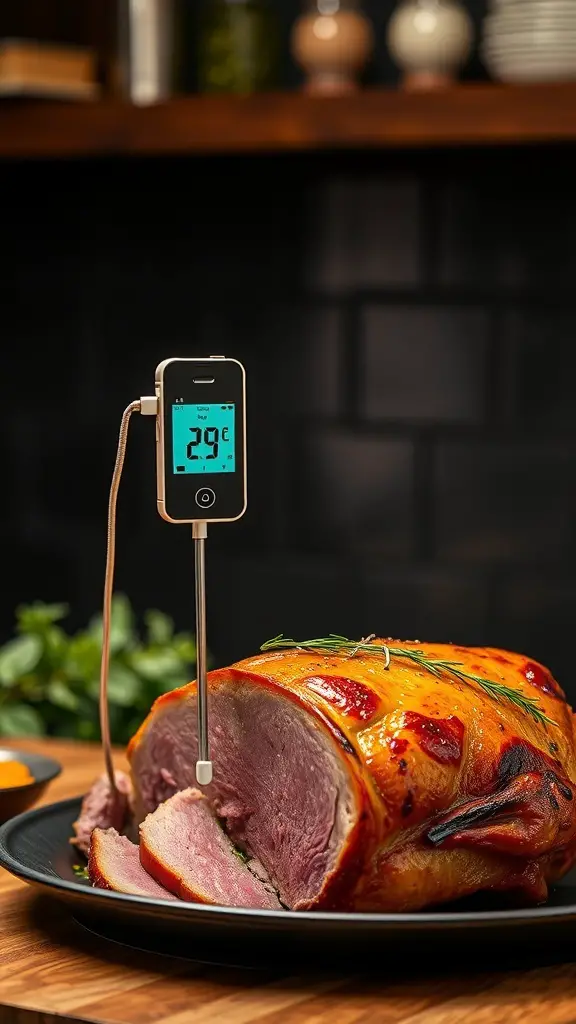 A connected cooking thermometer inserted into a piece of meat, displaying the temperature.