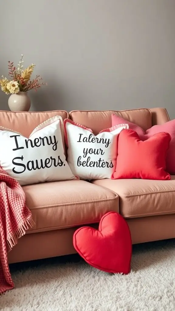 A cozy couch with Valentine's Day themed throw pillows in pink and red colors.