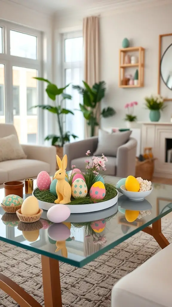 A spring coffee table decorated with colorful Easter eggs, a wooden bunny, and fresh flowers.