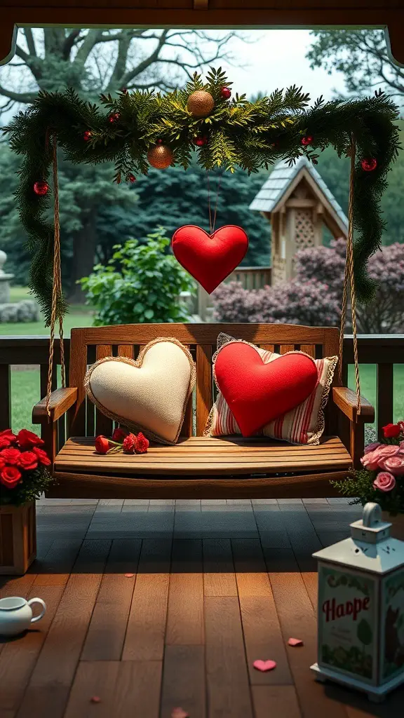 A charming porch swing decorated with heart-shaped pillows and greenery, surrounded by roses.