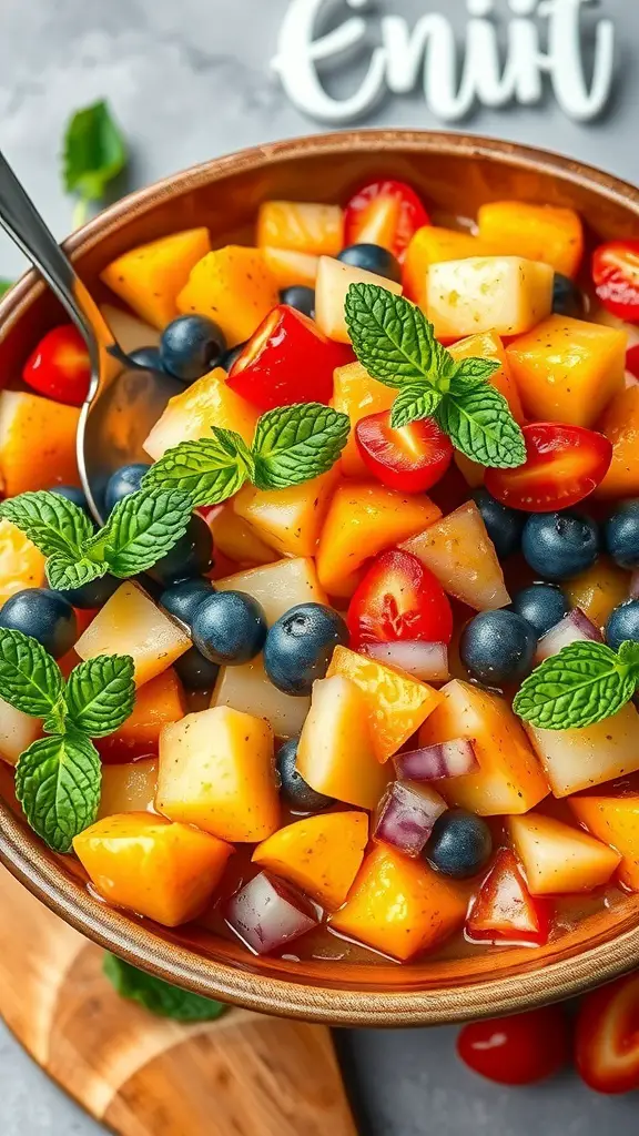 45+ Creative Mother's Day Brunch Ideas 16 A colorful fruit salad with melon, blueberries, and cherry tomatoes garnished with mint leaves.