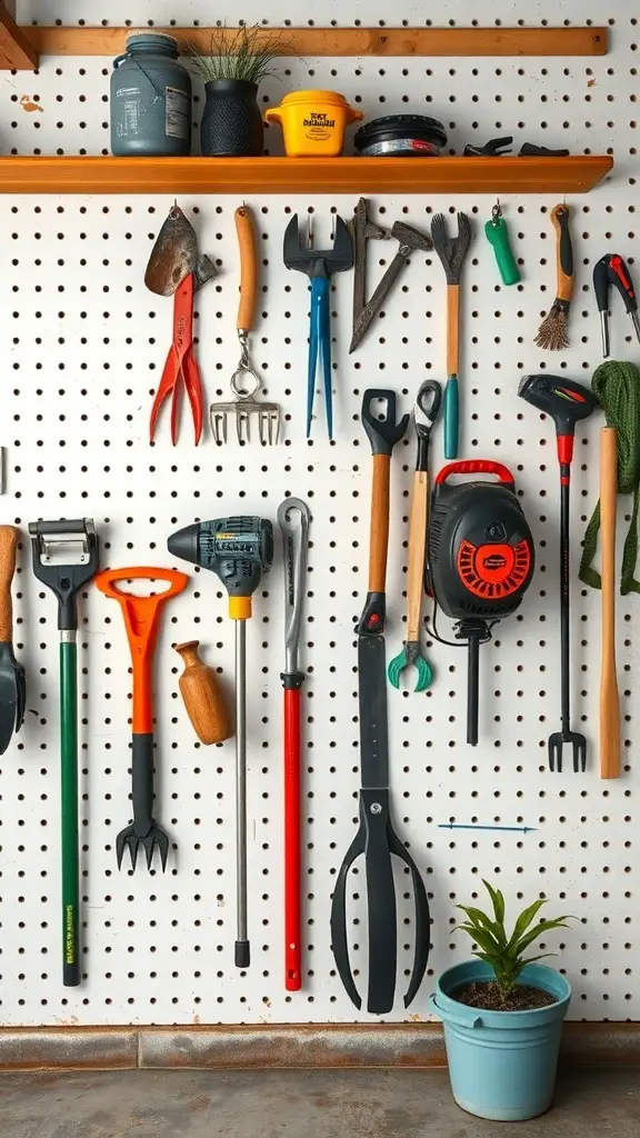 A pegboard displaying various gardening tools and a weedeater, organized for easy access.