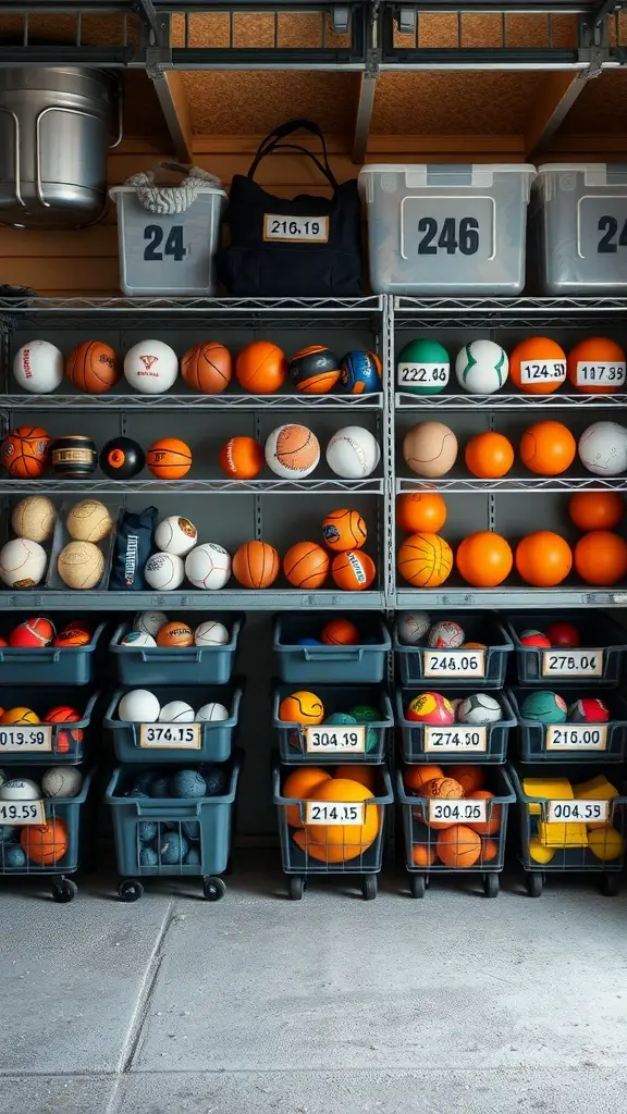Organized garage with shelves and bins storing various types of balls.