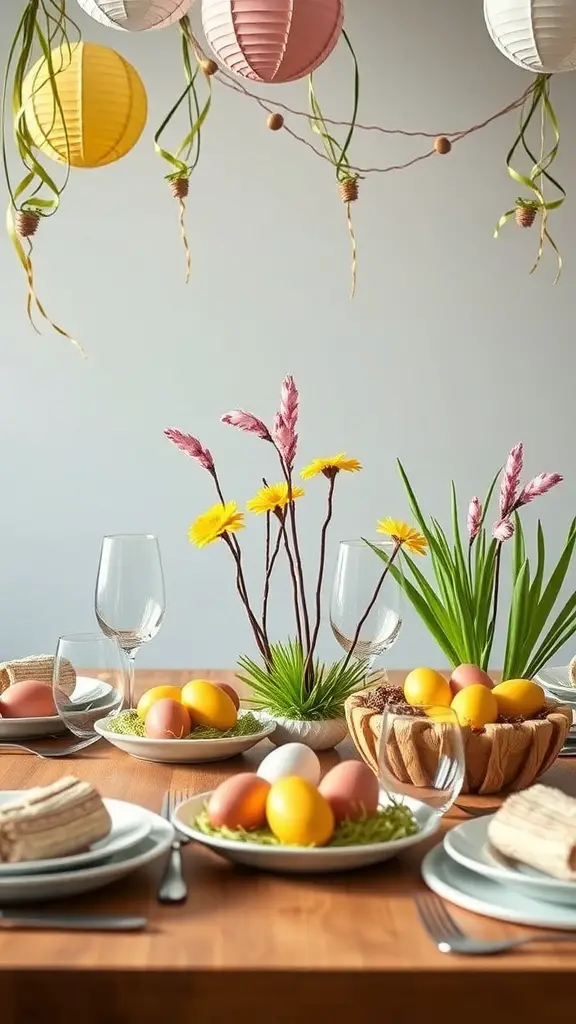 A beautifully set Easter table with colorful eggs and flowers.