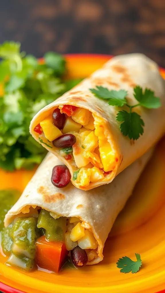 Breakfast burrito filled with beans, corn, and peppers, served with salsa verde and cilantro.