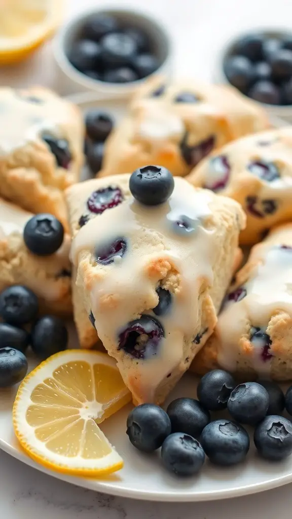 Lemon blueberry scones with a lemon slice and fresh blueberries on a plate