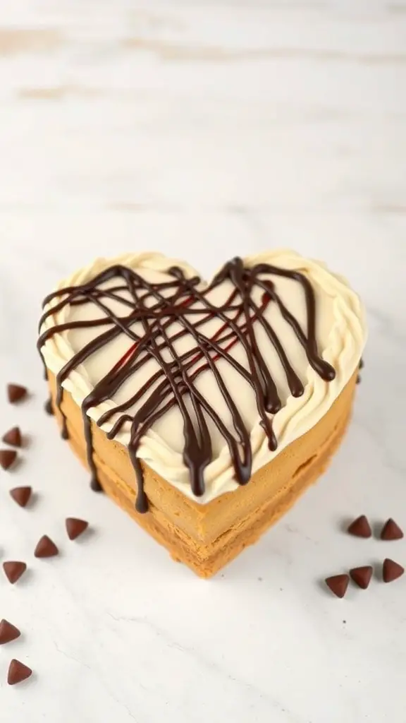 Peanut Butter Chocolate Heart Cake with chocolate drizzle