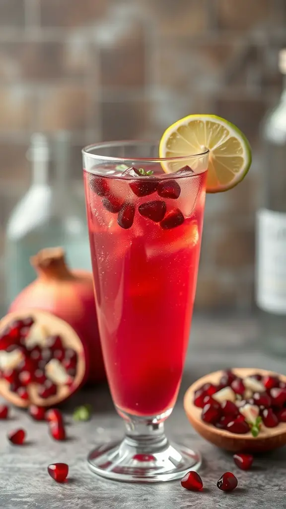 A refreshing Pomegranate Fizz drink garnished with lemon and pomegranate seeds.