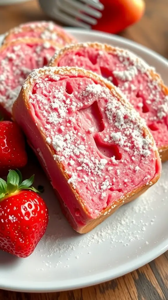 Slices of pink velvet French toast topped with powdered sugar and served with strawberries