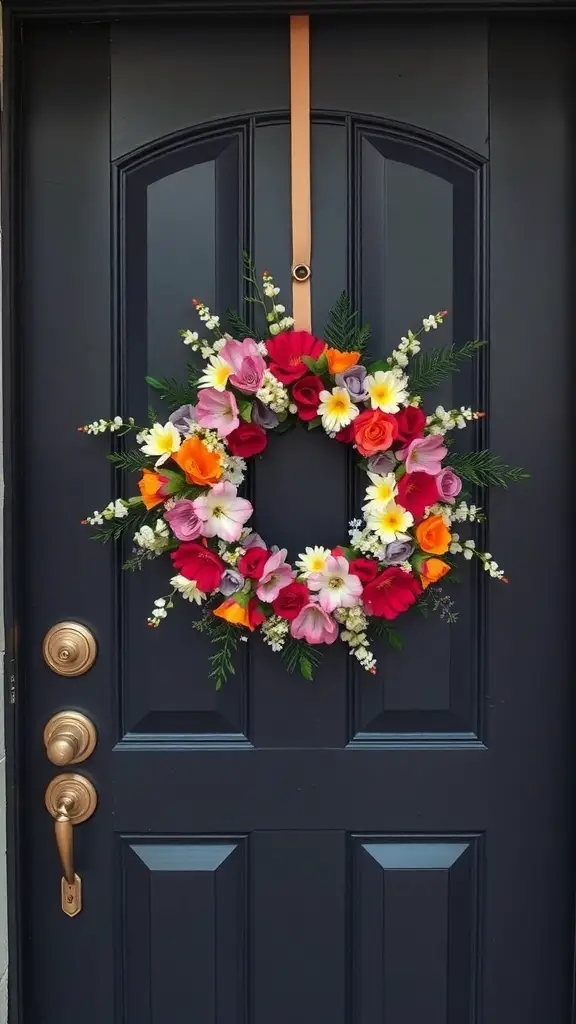 A colorful floral wreath hanging on a dark door.
