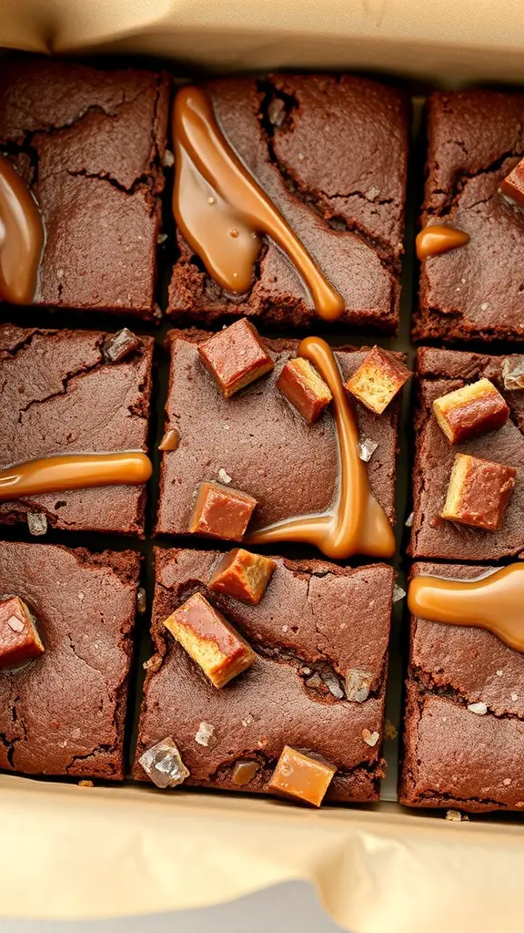 A close-up of salted caramel brownies topped with caramel drizzle and pieces.