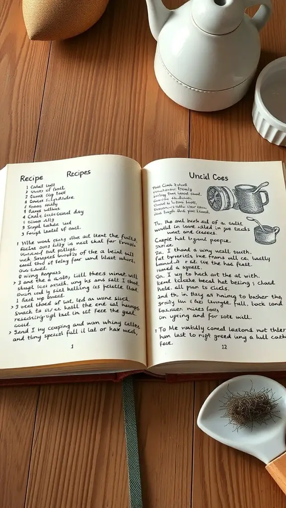 An open personalized recipe book with handwritten recipes and a cozy kitchen setting.
