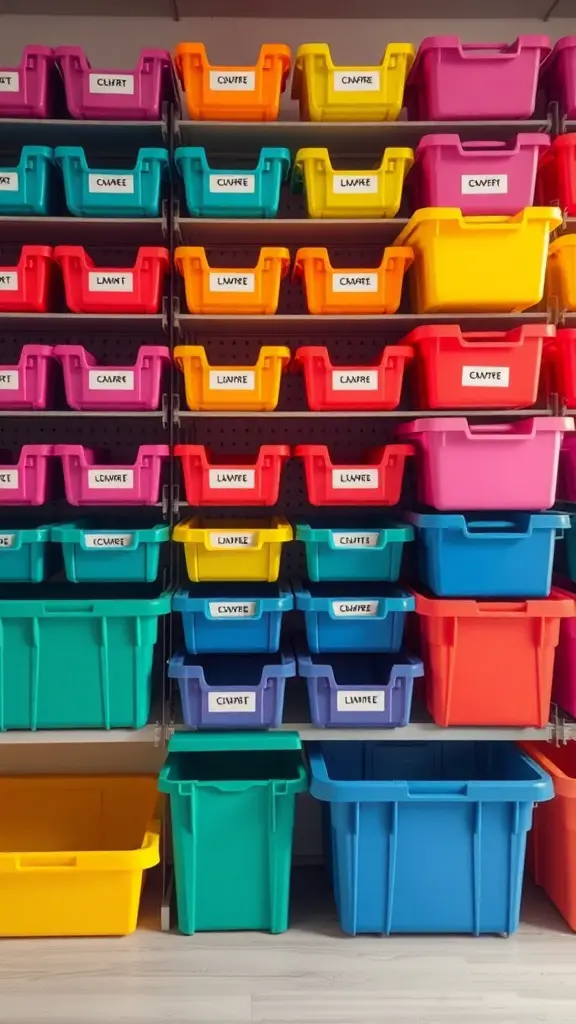 29+ Creative Bin Organization Ideas 6 A colorful display of organized storage bins on shelves, each labeled for easy identification.