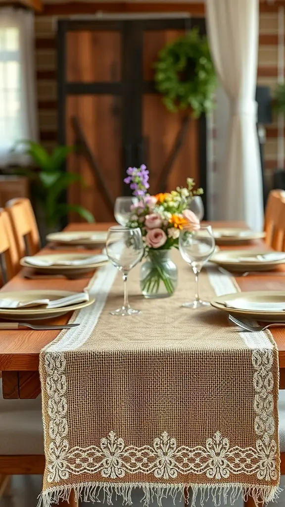 A dining table set with a burlap and lace table runner, featuring a vase of colorful flowers and elegant glassware.