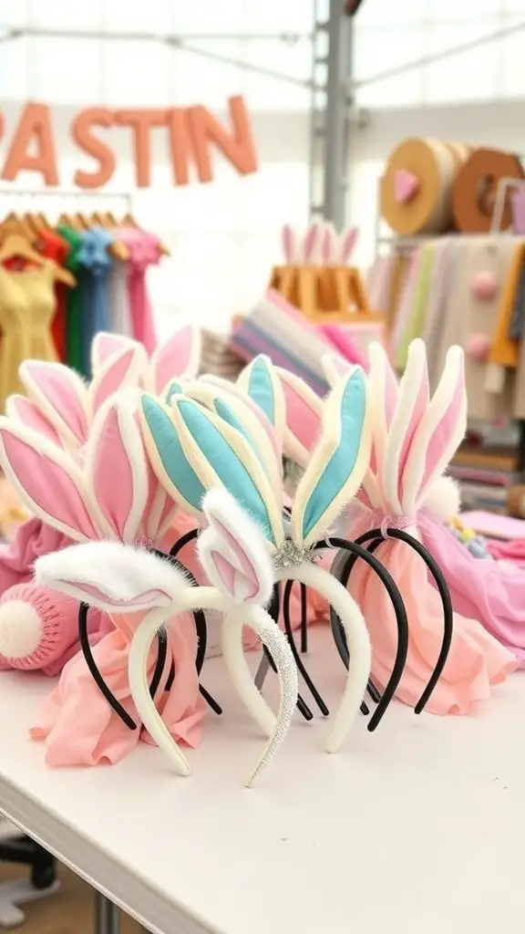 Colorful bunny ear headbands displayed on a table.