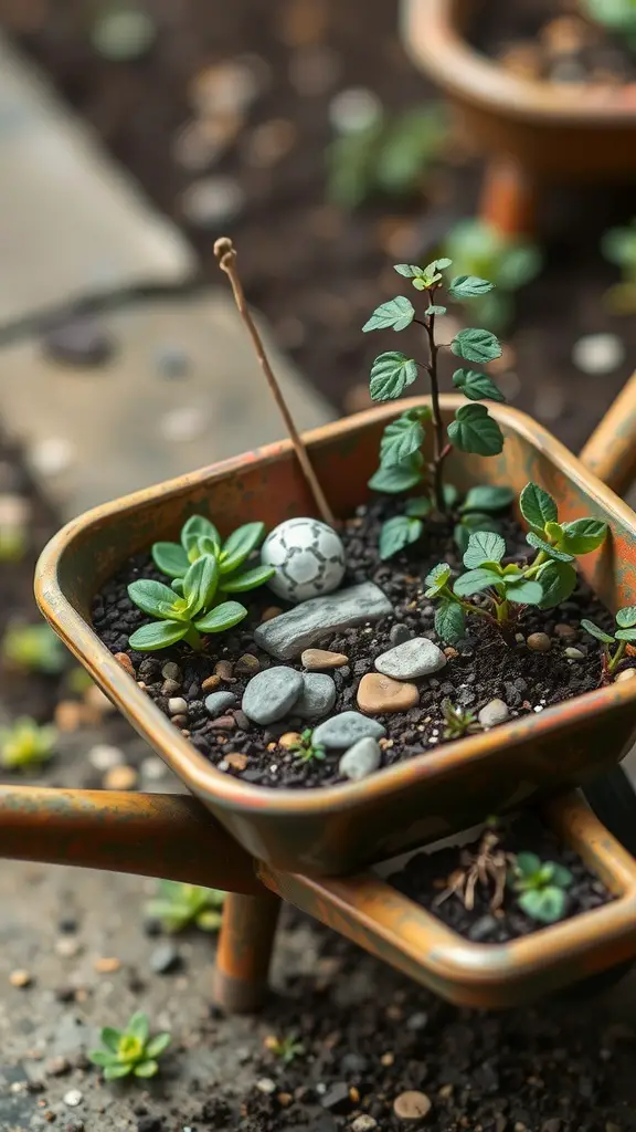 29+ Creative Wheelbarrow Garden Ideas 14 Miniature garden in a wheelbarrow with various small plants and decorative stones.