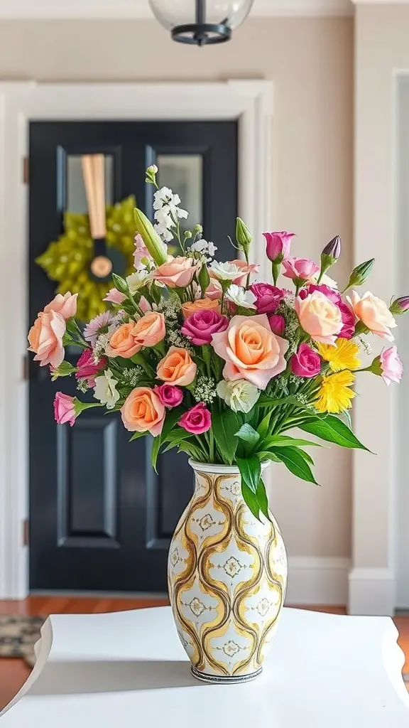 A vibrant floral arrangement featuring pastel roses and daisies in a decorative vase on an entryway table.