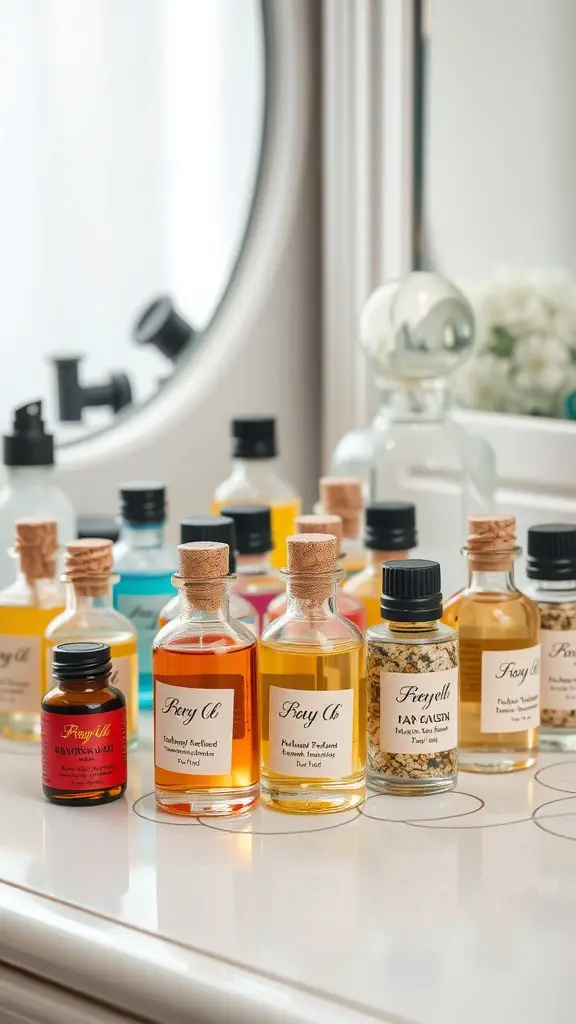 A collection of small bottles filled with various perfume blends, showcasing the art of customized fragrances.