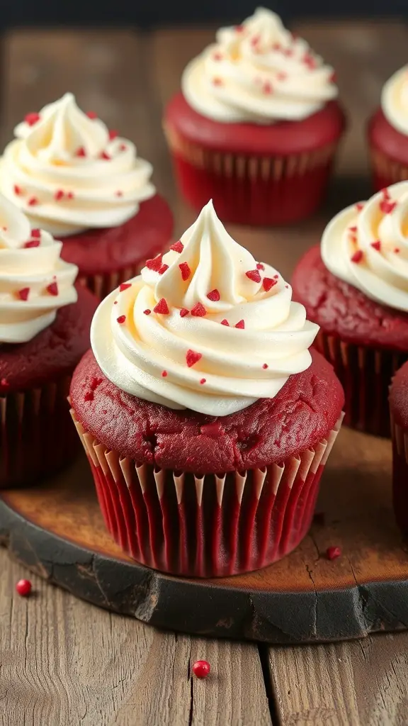 Red velvet muffins topped with cream cheese frosting and red sprinkles