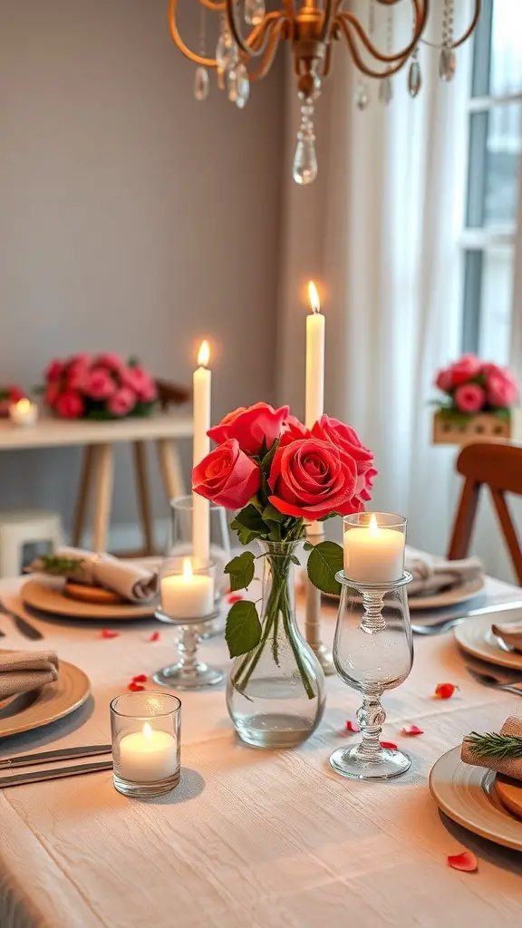 A beautifully set table for Valentine's Day featuring pink roses, candles, and elegant dinnerware.