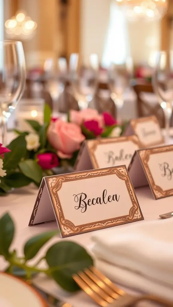 Elegant personalized place cards on a beautifully set Valentine's table