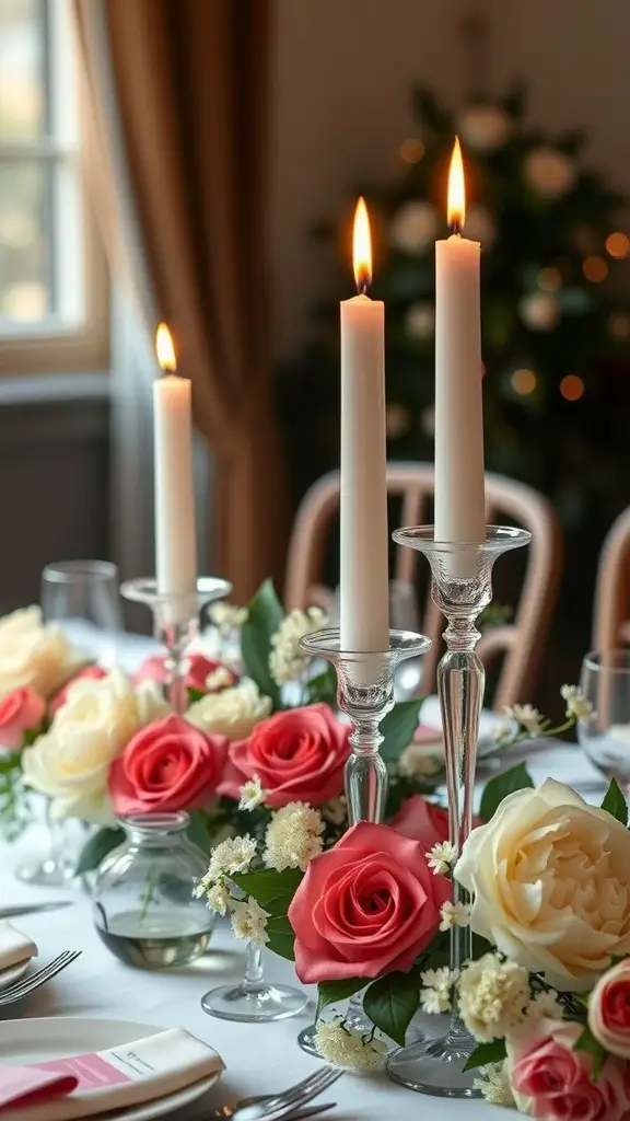 23+ Stunning Valentine's Day Centerpiece Ideas for a Romantic Atmosphere 4 Elegant candle holders with lit candles surrounded by roses and greenery on a table