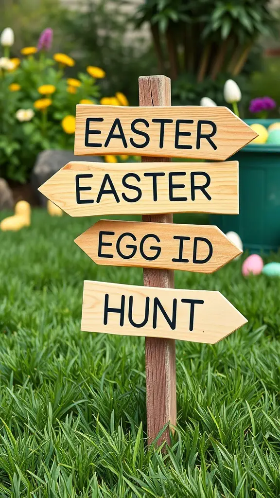 Wooden signpost with arrows pointing to 'EASTER' and 'EGG HUNT' in a garden setting