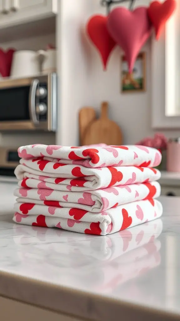 A stack of Valentine's Day themed dish towels with red and pink hearts.