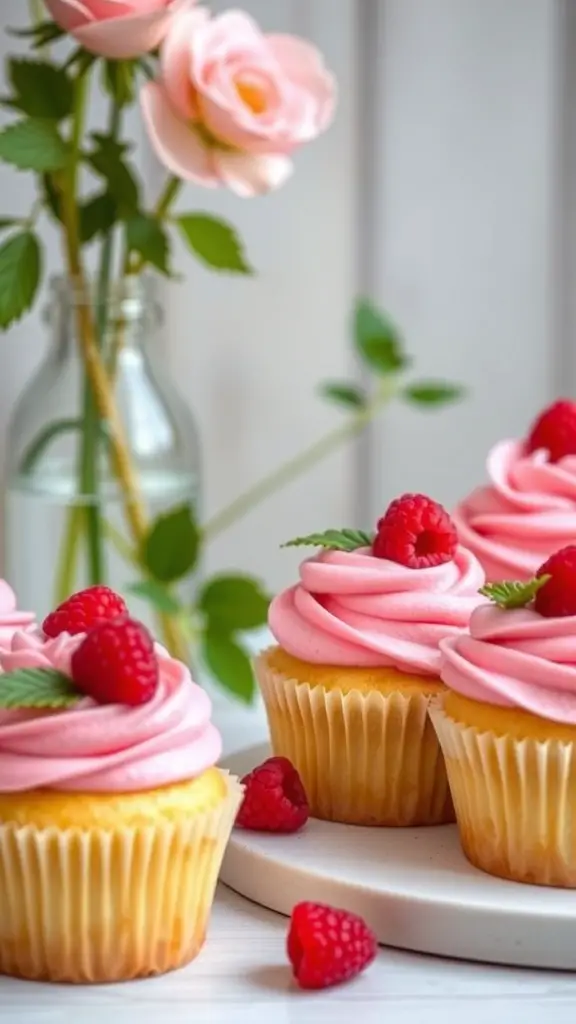 Delicious raspberry lemonade cupcakes with pink frosting and fresh raspberries on top