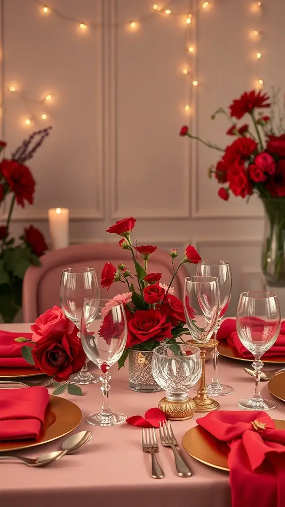 29+ Stunning Valentine's Tablescape Ideas to Impress Your Sweetheart 4 A beautifully set table with deep red flowers, gold plates, and elegant glassware, creating a romantic atmosphere.