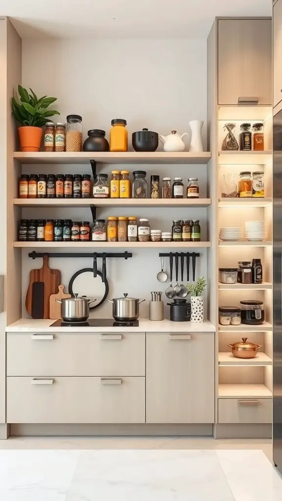 A modern kitchen with vertical storage solutions, featuring open shelves filled with jars and a pull-out pantry.