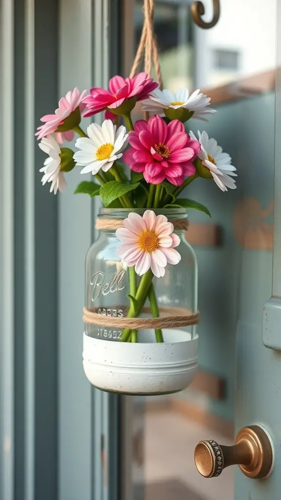 A painted mason jar filled with colorful flowers, hanging on a door