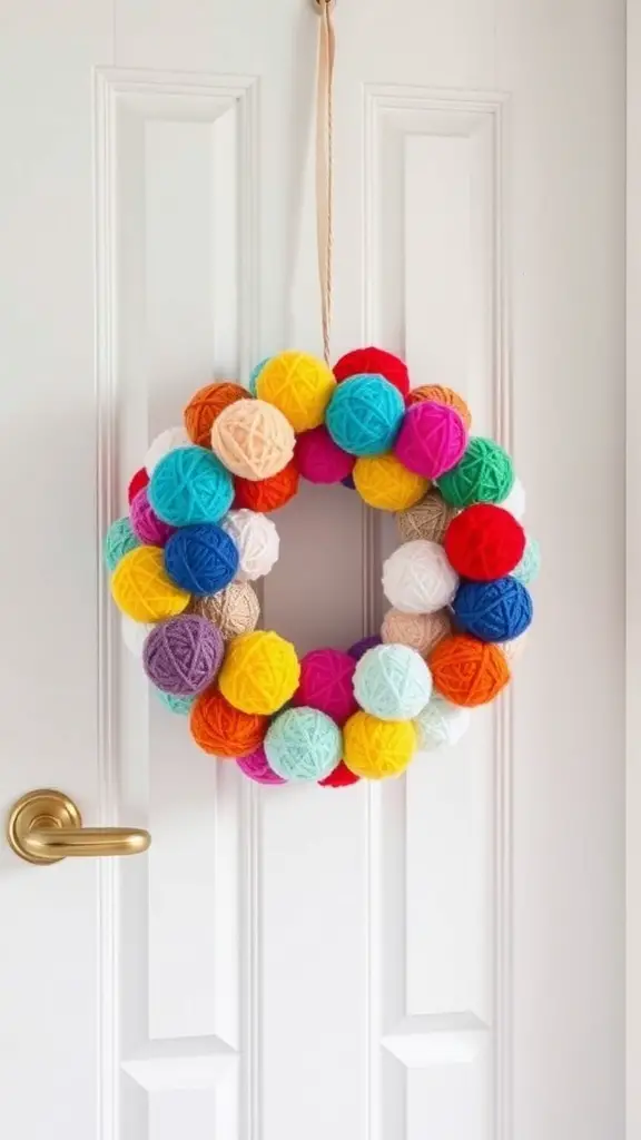 A colorful pom-pom wreath made of yarn balls hanging on a door.