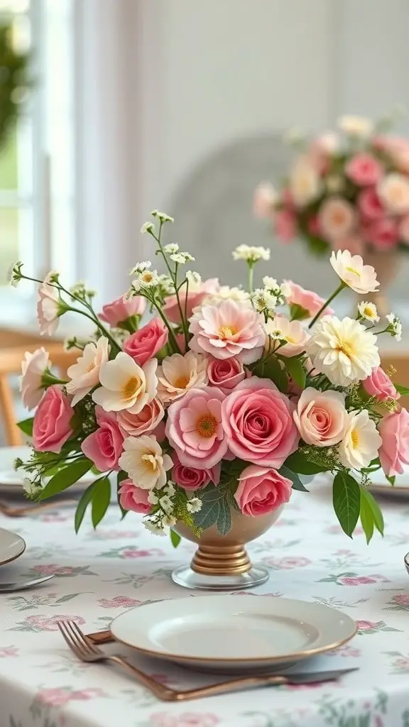 A pastel floral centerpiece featuring pink roses and white daisies in a gold vase, set on a floral tablecloth.