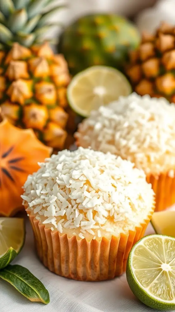Coconut Lime Muffins surrounded by pineapples and lime slices