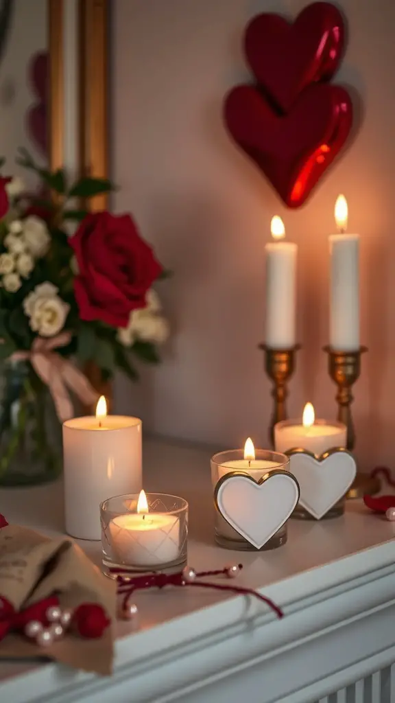 A cozy mantle decor featuring various scented candles, including heart-shaped ones, alongside fresh roses.