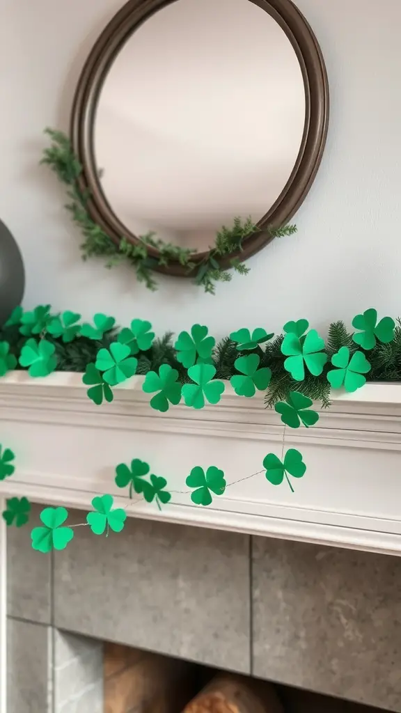 A shamrock garland made of green paper cutouts, draped over a mantel with a mirror in the background.