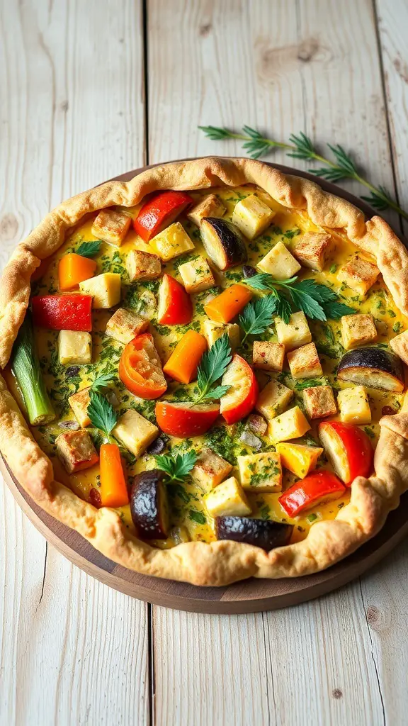 A colorful Spring Vegetable Quiche with bell peppers, potatoes, and herbs in a golden crust.