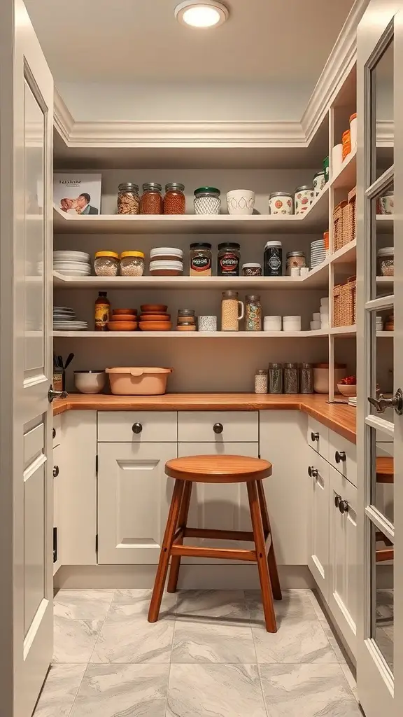 27+ Creative Corner Kitchen Pantry Ideas to Maximize Your Space 12 A corner kitchen pantry featuring shelves filled with jars and containers, along with a wooden step stool.