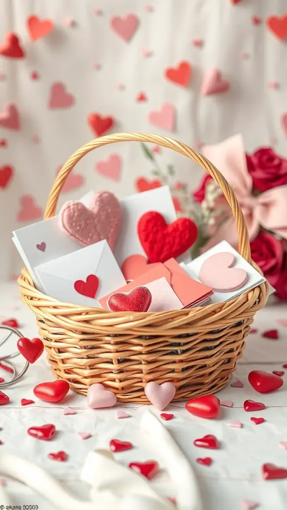 23+ Creative Valentine's Day Basket Ideas 6 A woven basket filled with heart-shaped notes and envelopes, surrounded by decorative hearts.