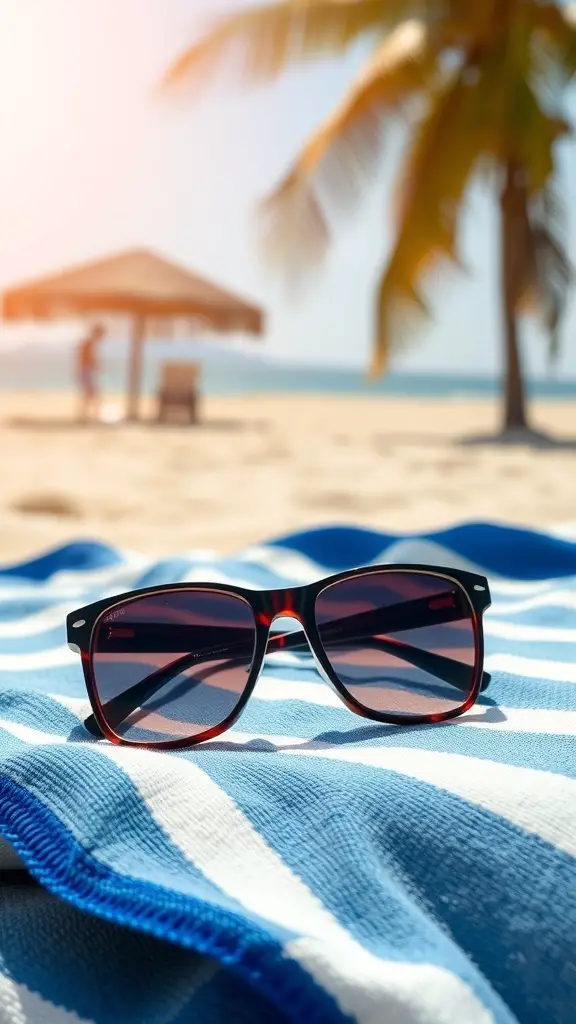 Stylish sunglasses on a beach towel with a sunny beach background