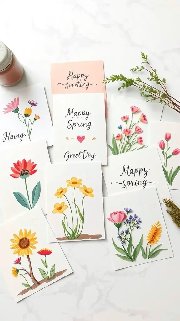 A collection of spring-themed greeting cards featuring floral designs and cheerful messages.