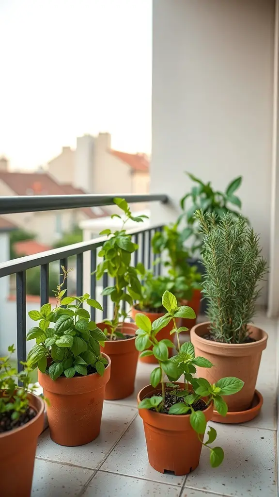 27+ Inspiring Flat Balcony Ideas 6 A balcony with various potted herbs including mint and rosemary.
