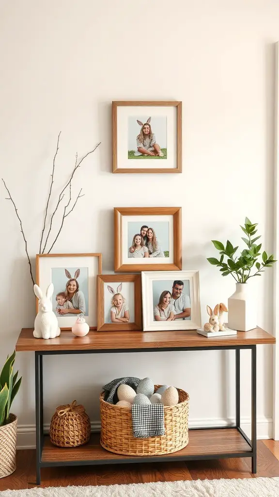 A stylish Easter entryway table with family photos in wooden frames, bunny decorations, and a basket of eggs.