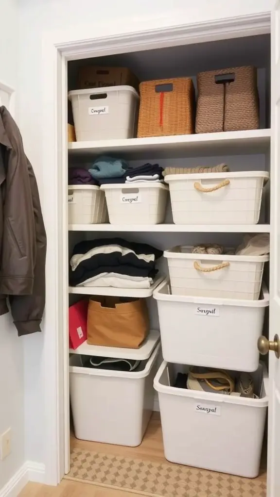 Organized storage room with labeled bins for seasonal items