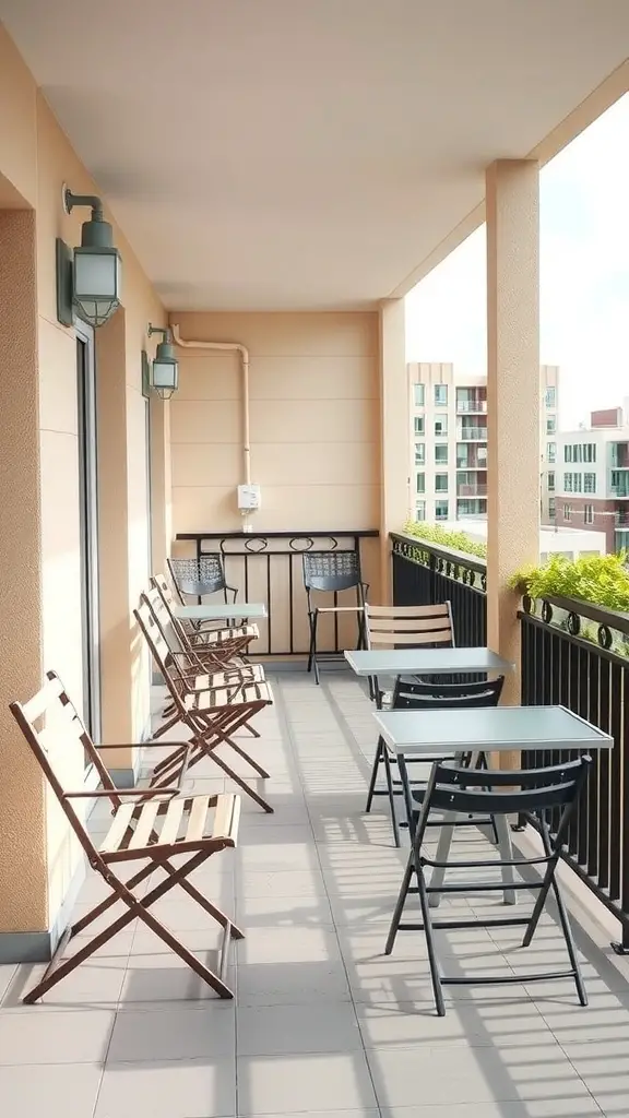 29+ Creative Balcony Storage Ideas 13 A balcony with foldable furniture including chairs and tables, showcasing a neat and organized outdoor space.